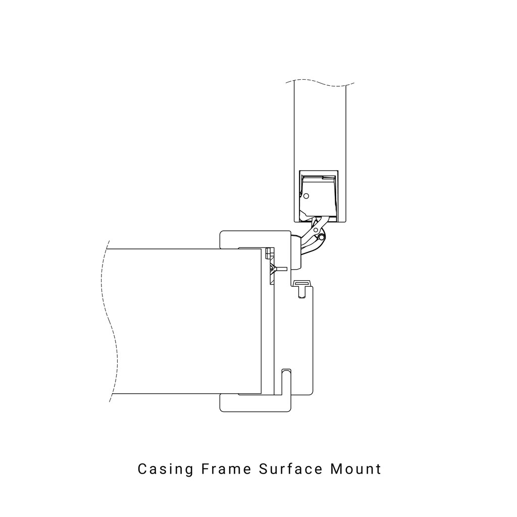Top side cross section of an example of a casing frame being installed on a wall. The invisible hinge is screwed onto the casing element and fixed with hinge plate on opposite side.