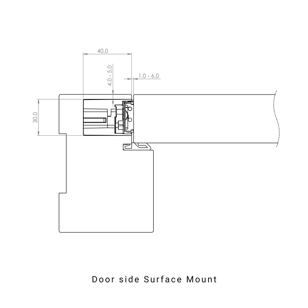 Cross section of Internal space of a cavity into a doorframe with a compact closed and folded hinge element with depth of 40mm and width of 30mm
