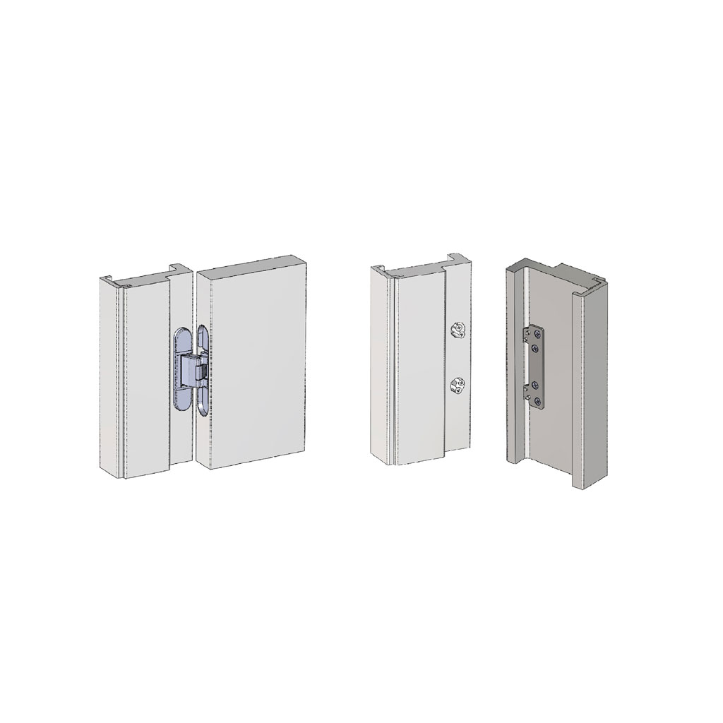 Wooden door casing frame element with a mounting plate installed on the inner side, and a hing element on the visual side.
