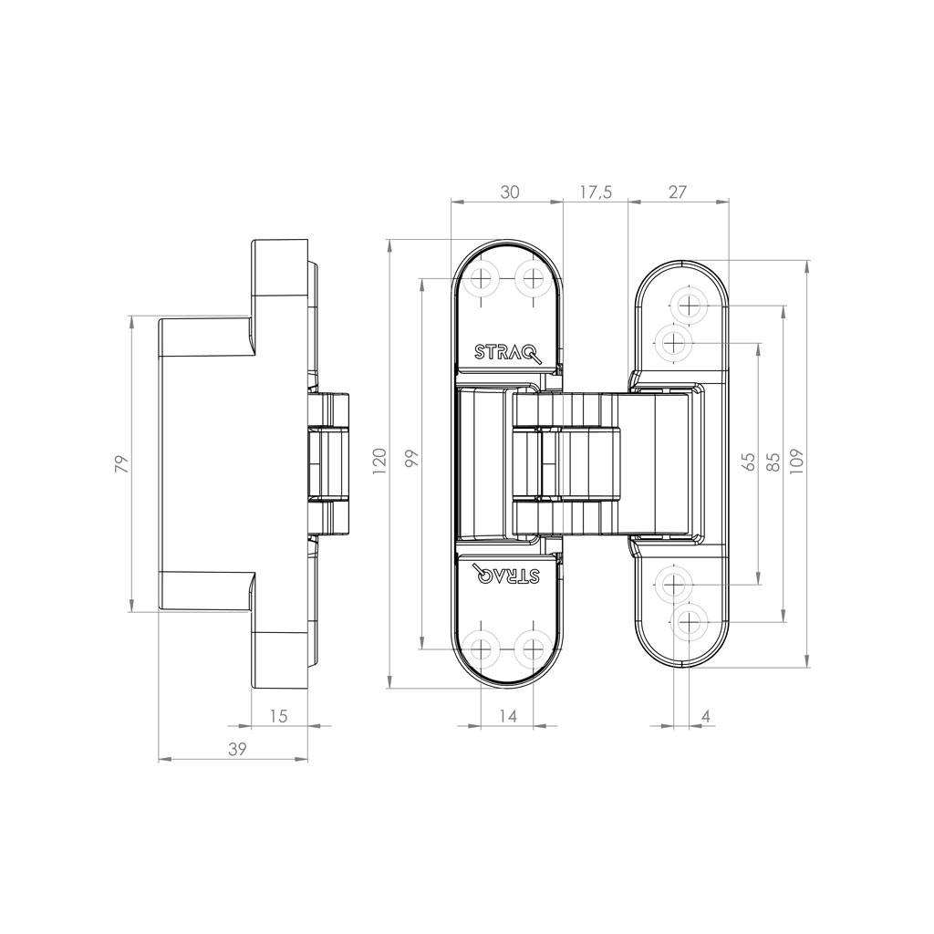 Technical front and side vies of the fully assembled 120x30mm Straq hinge product, including screwcovers and overall dimensions