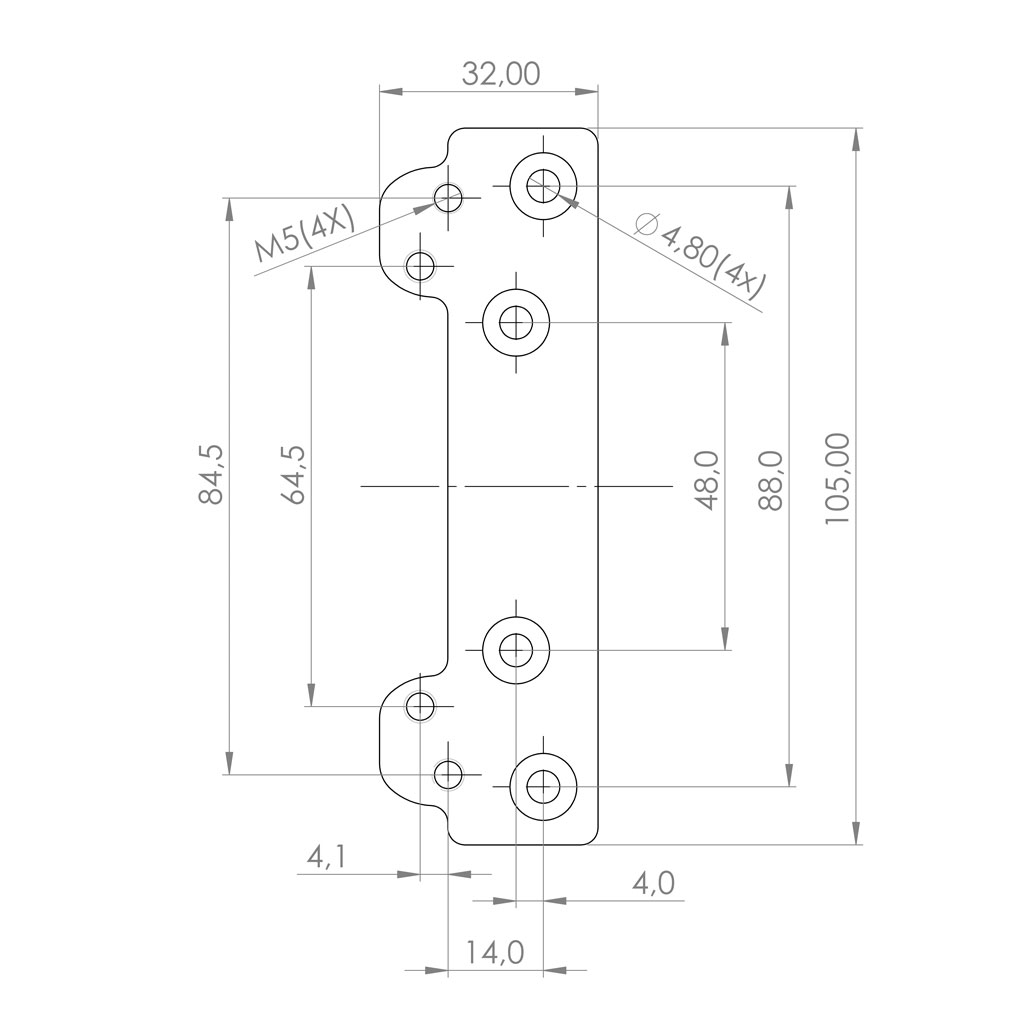 Technical drawing of a fixing plate HPZA120 for installing the CFHD60 concealed Straq-hinge onto wooden casing frames