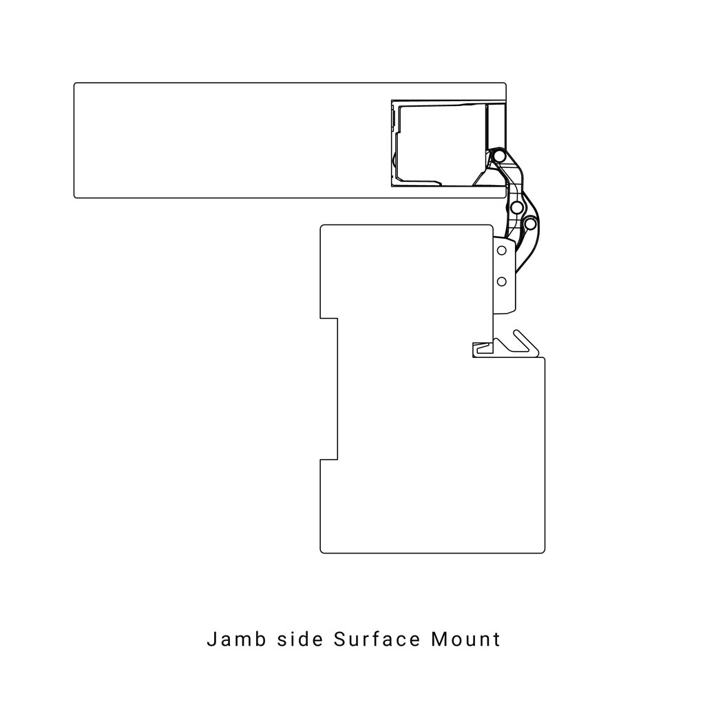 Cross section of fully 180 degre opened massive wooden door in relation to the massive wooden doorframe. The Straq one sided housing is inserted in a cavity in the wooden door.