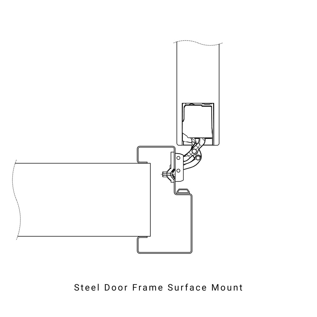 Top view section of a wooden flush door being installed on a thin metal steel doorframe element with help of an internal fixed Straq hinge plate HPSF120